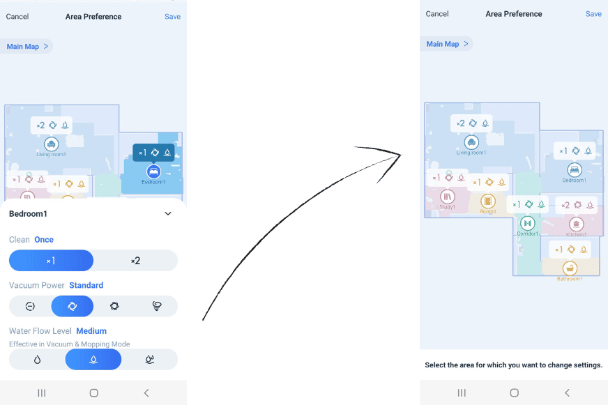 Die Saugkrafteinstellung bzw. Wasserregulierung wird über die Handyapp getroffen